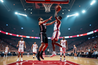 Saut de basketball lors d'un tipoff dans un stade moderne