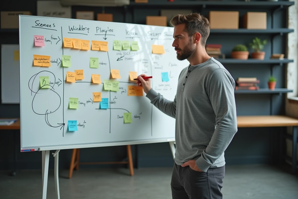 Scénariste analysant un tableau de structure narrative avec des corrections et des questions sur les retournements de situation