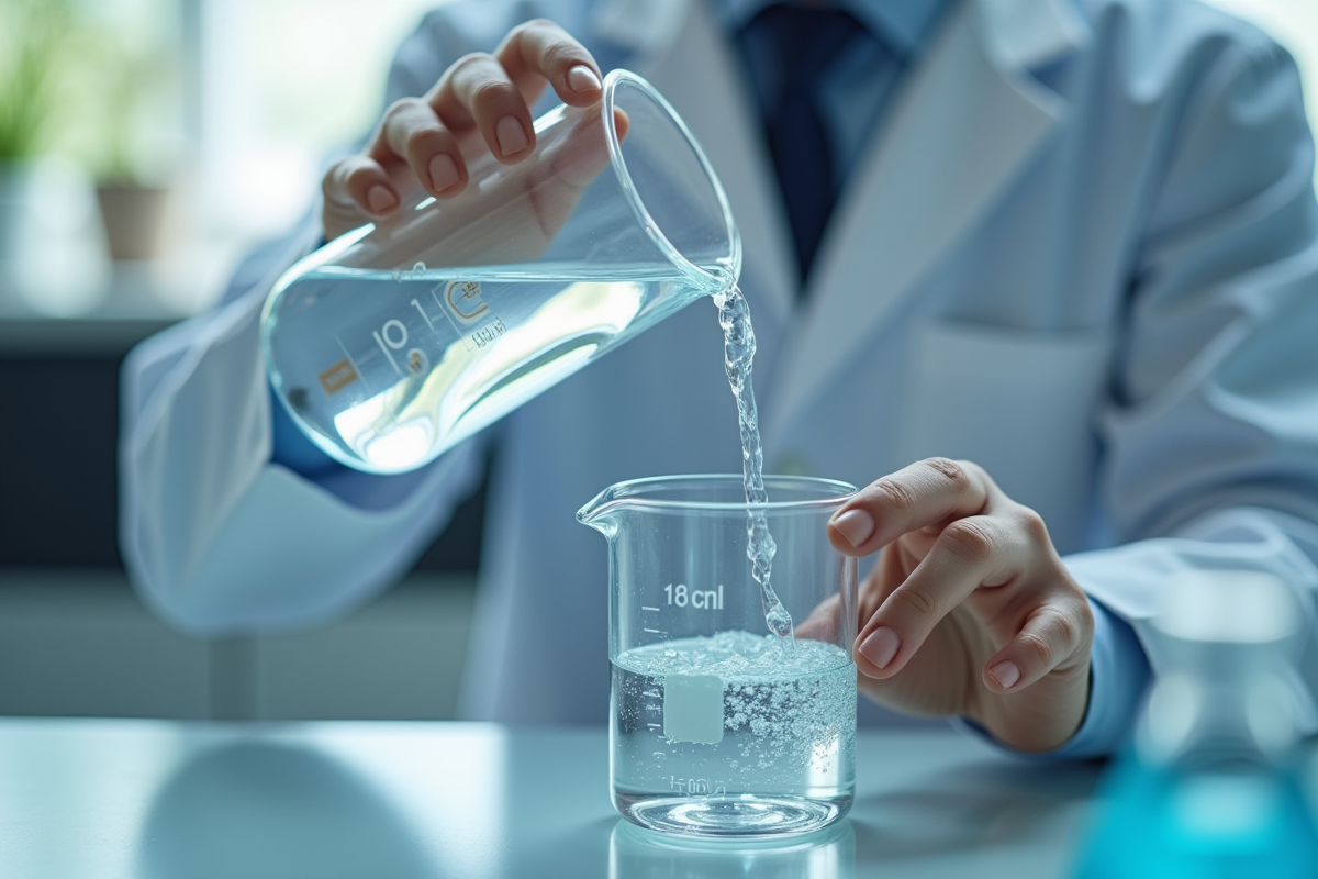 Main de scientifique versant eau dans un bécher