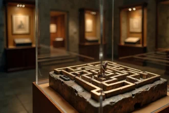 Sculpture miniature en bronze représentant le labyrinthe du Minotaure dans une vitrine de musée