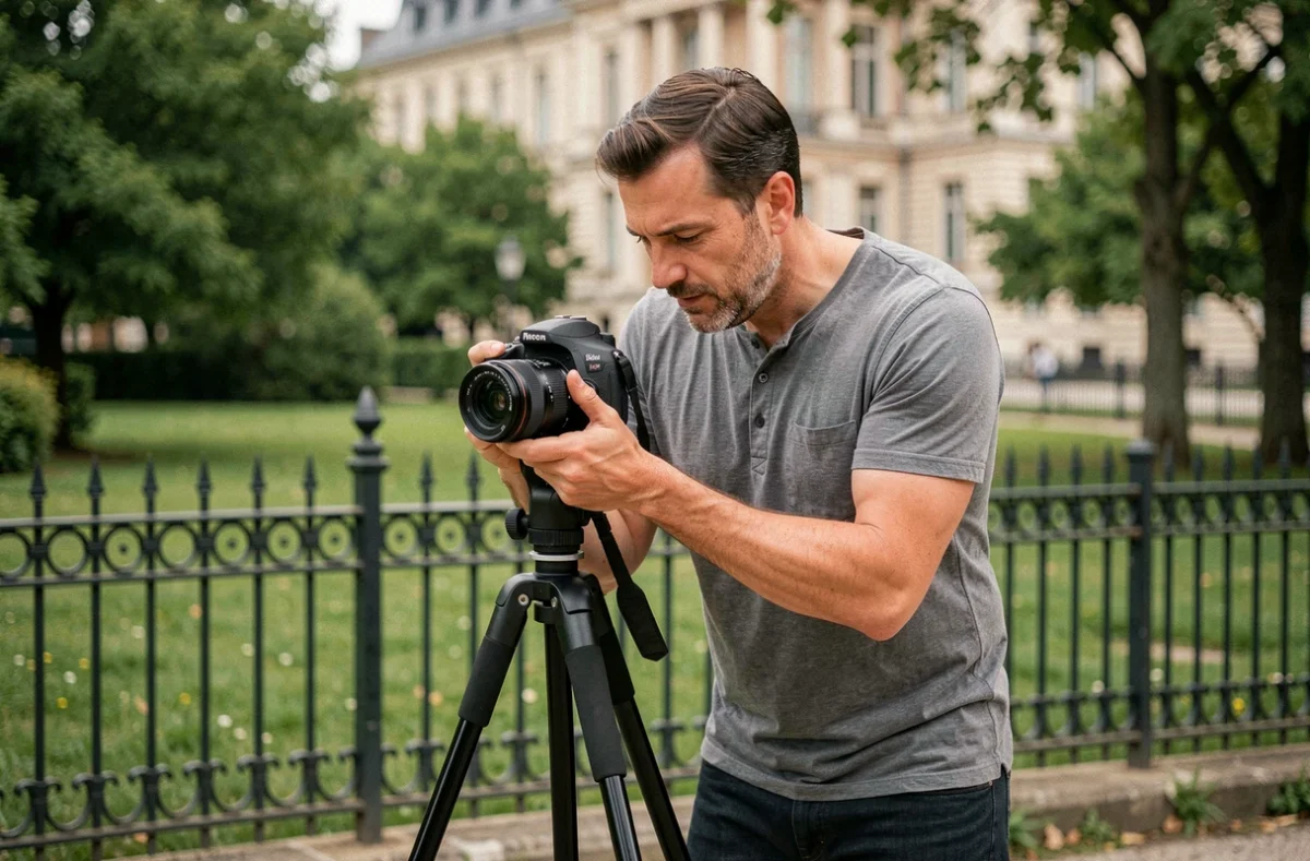 Sébastien Rogues, photographe polyvalent à Lille, ajustant son appareil photo sur un trépied dans un parc