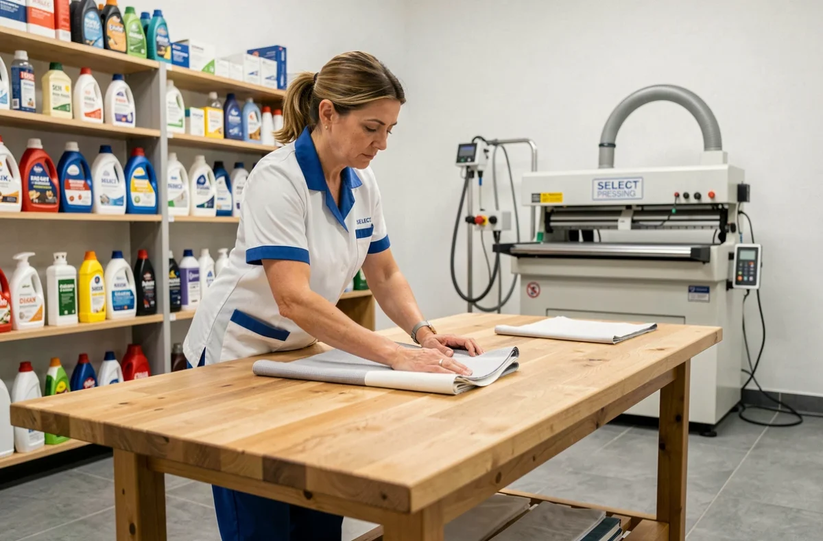 Employée du Select Pressing pliant soigneusement une nappe fraîchement lavée sur une grande table de travail
