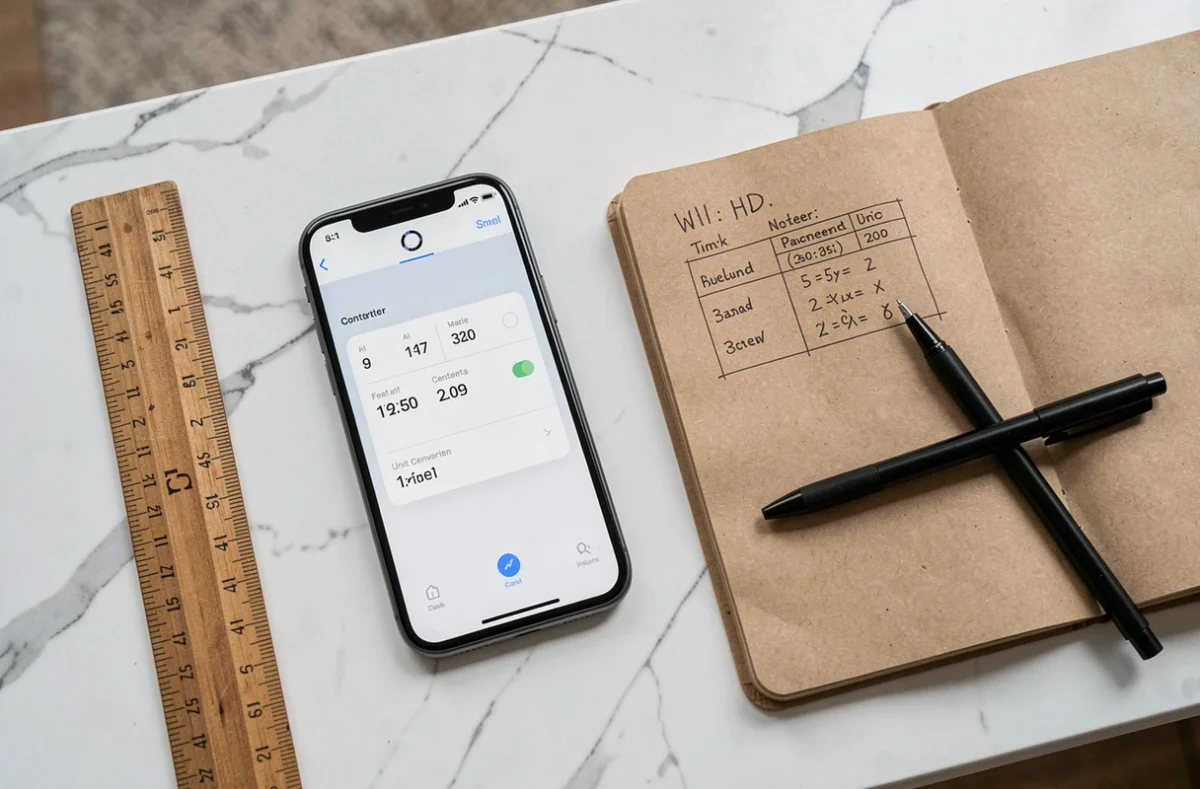 Smartphone affichant un convertisseur pieds en centimètres posé avec une règle et un carnet sur marbre