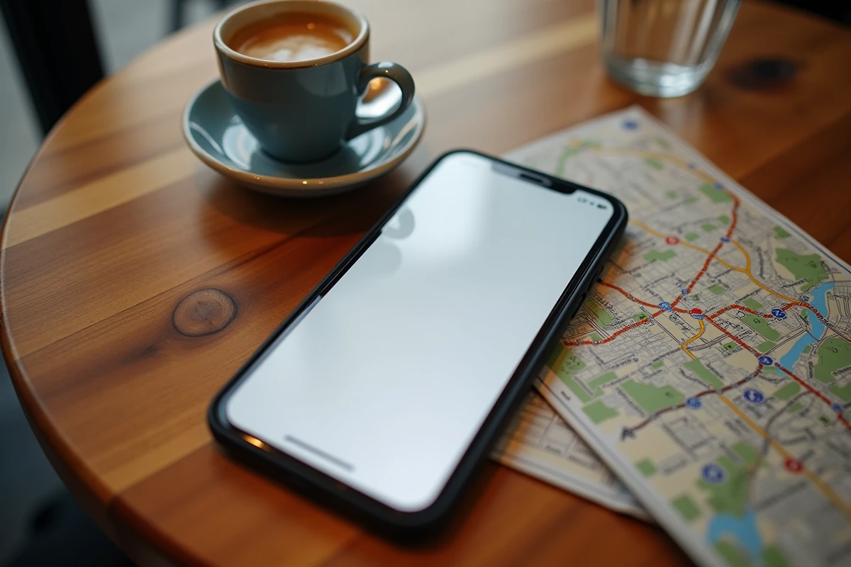 Smartphone affichant une erreur de l'application Urbanratp posé sur une table de café avec un plan de métro papier