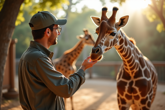 Soigneur nourrissant des girafes dans un enclos ensoleille