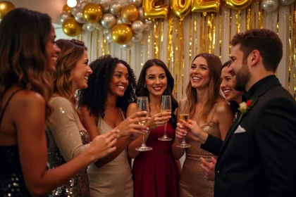Groupe d'adultes célébrant la soirée du Nouvel An 2026 avec des coupes de champagne dans une salle décorée de ballons dorés et argentés