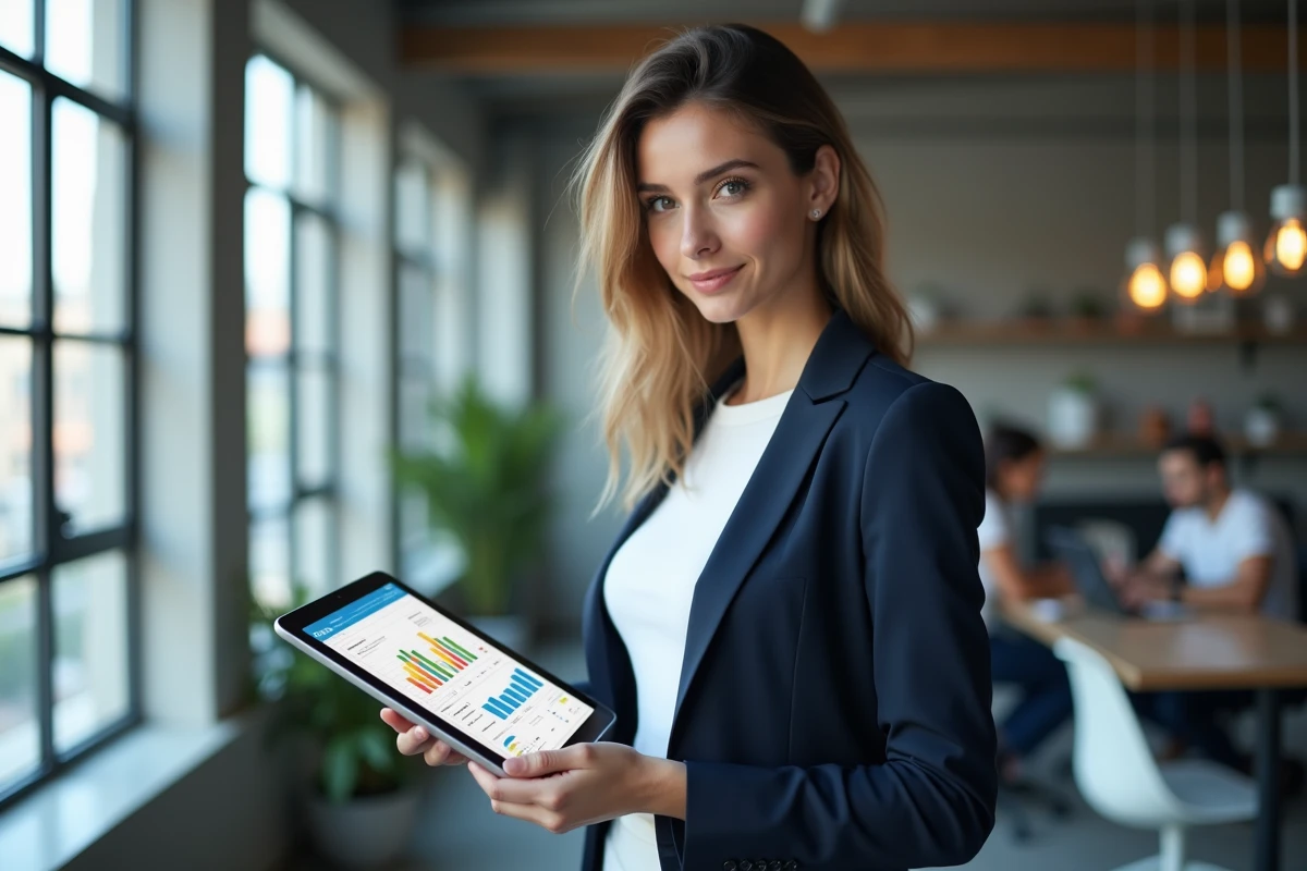 Femme professionnelle consultant des statistiques de réseaux sociaux sur une tablette dans un coworking