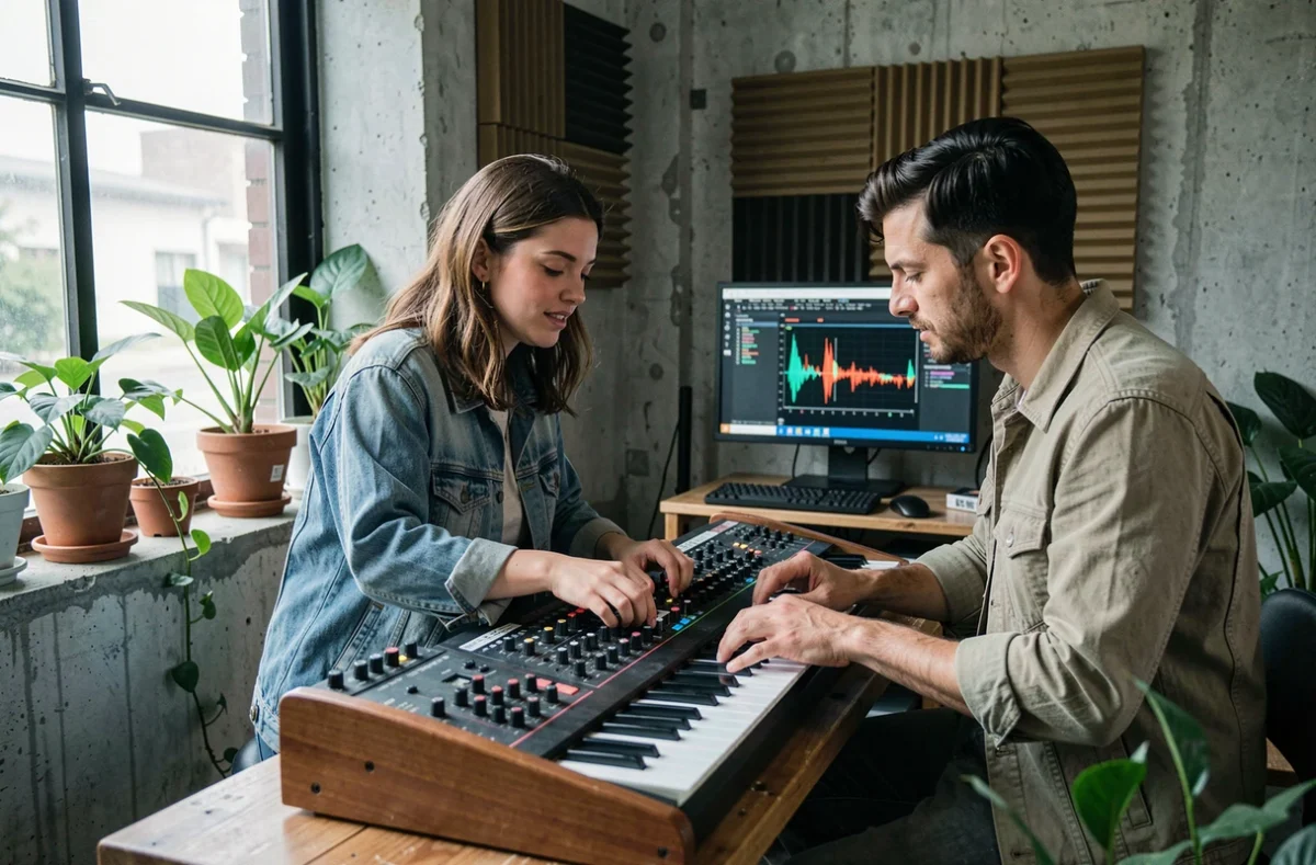 Musiciens collaborant sur synthétiseur modulaire dans un studio DIY écoresponsable aménagé dans un entrepôt industriel reconverti