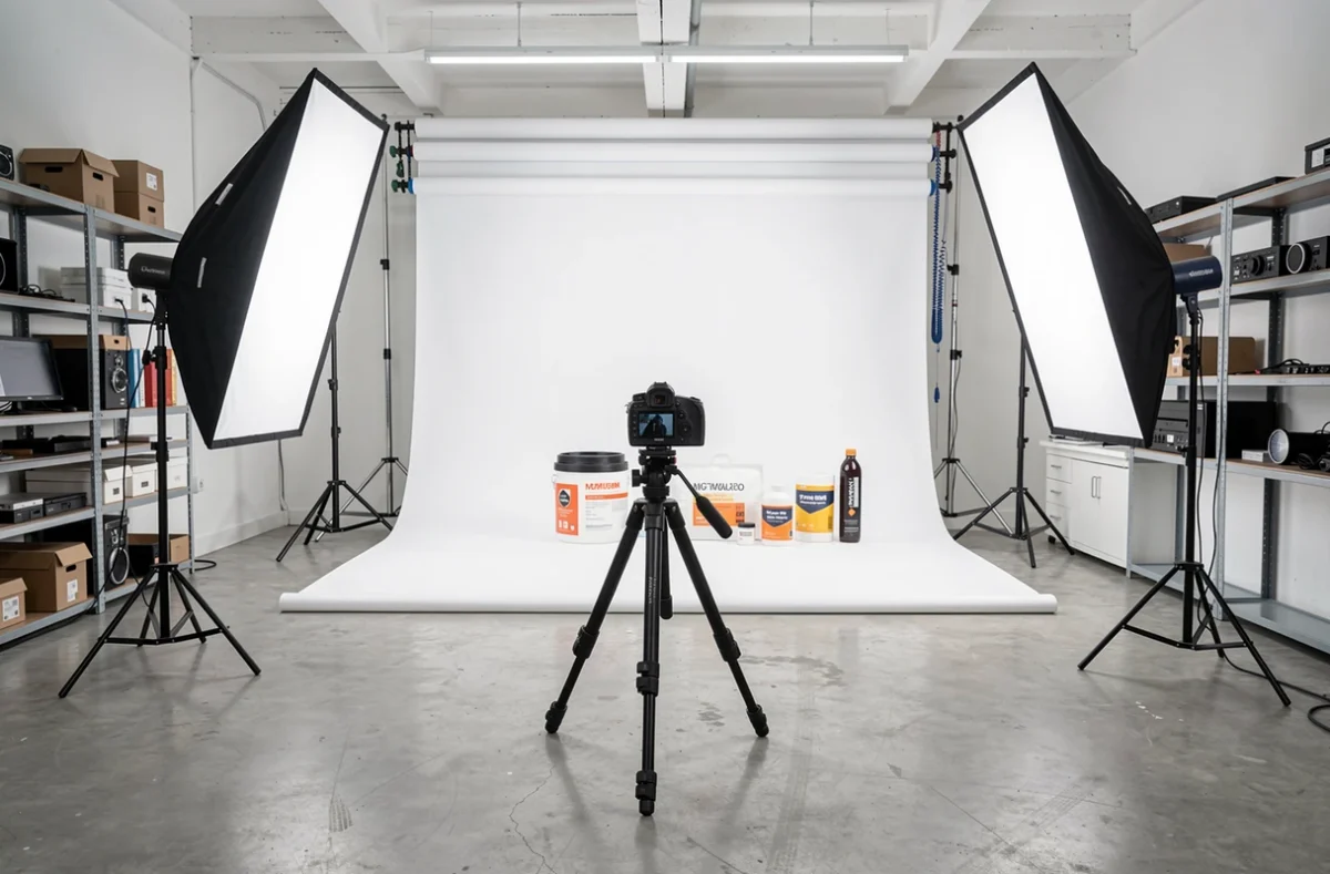Studio Photo Lille, installation pour une séance packshot produit en studio avec fond blanc et matériel professionnel