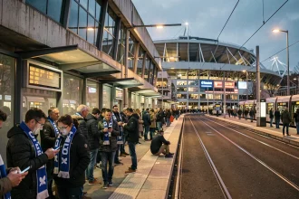 Foule de supporters attendant le tram devant le stade de Bordeaux lors d'un soir de match