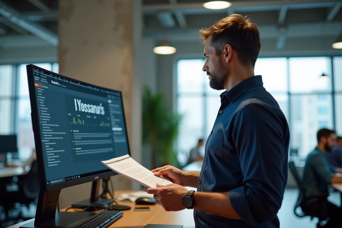 Homme consultant un dictionnaire de synonymes en ligne pour simplifier un rapport professionnel trop formel