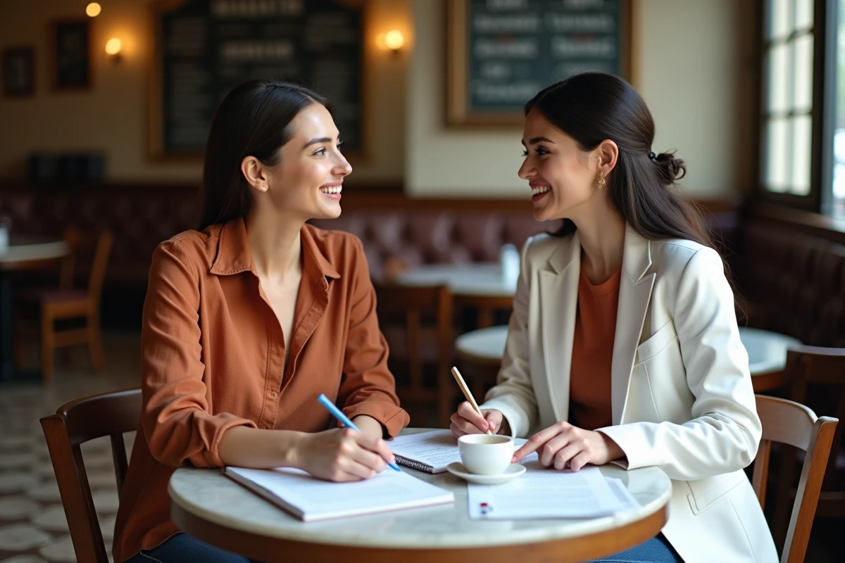 Deux femmes collaborant à la réécriture d'un texte formel dans un café, cherchant des synonymes plus accessibles
