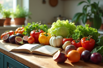 Table de cuisine avec fruits et légumes colorés pour une recette