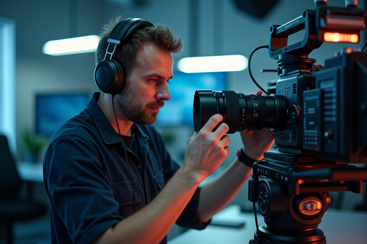 Technicien en studio ajustant des objectifs de camera modernes