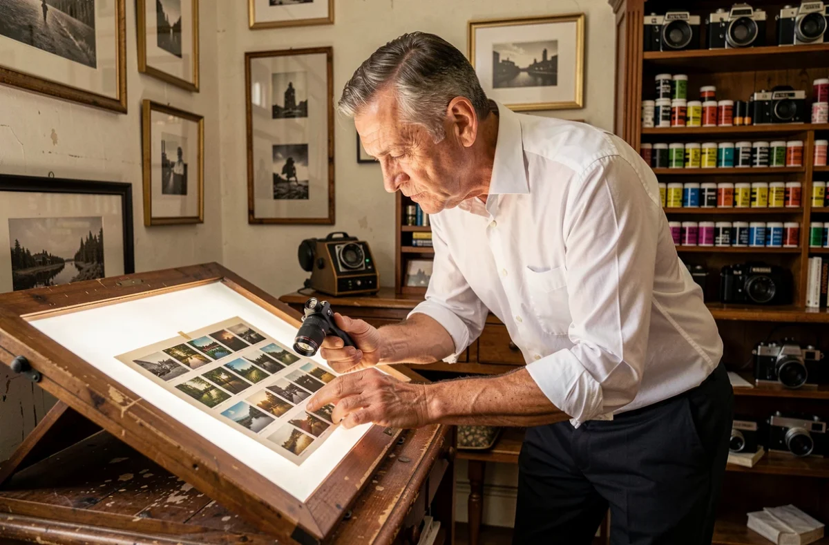 Thierry Hespel, photographe professionnel à Lille, examinant des planches contact dans son studio