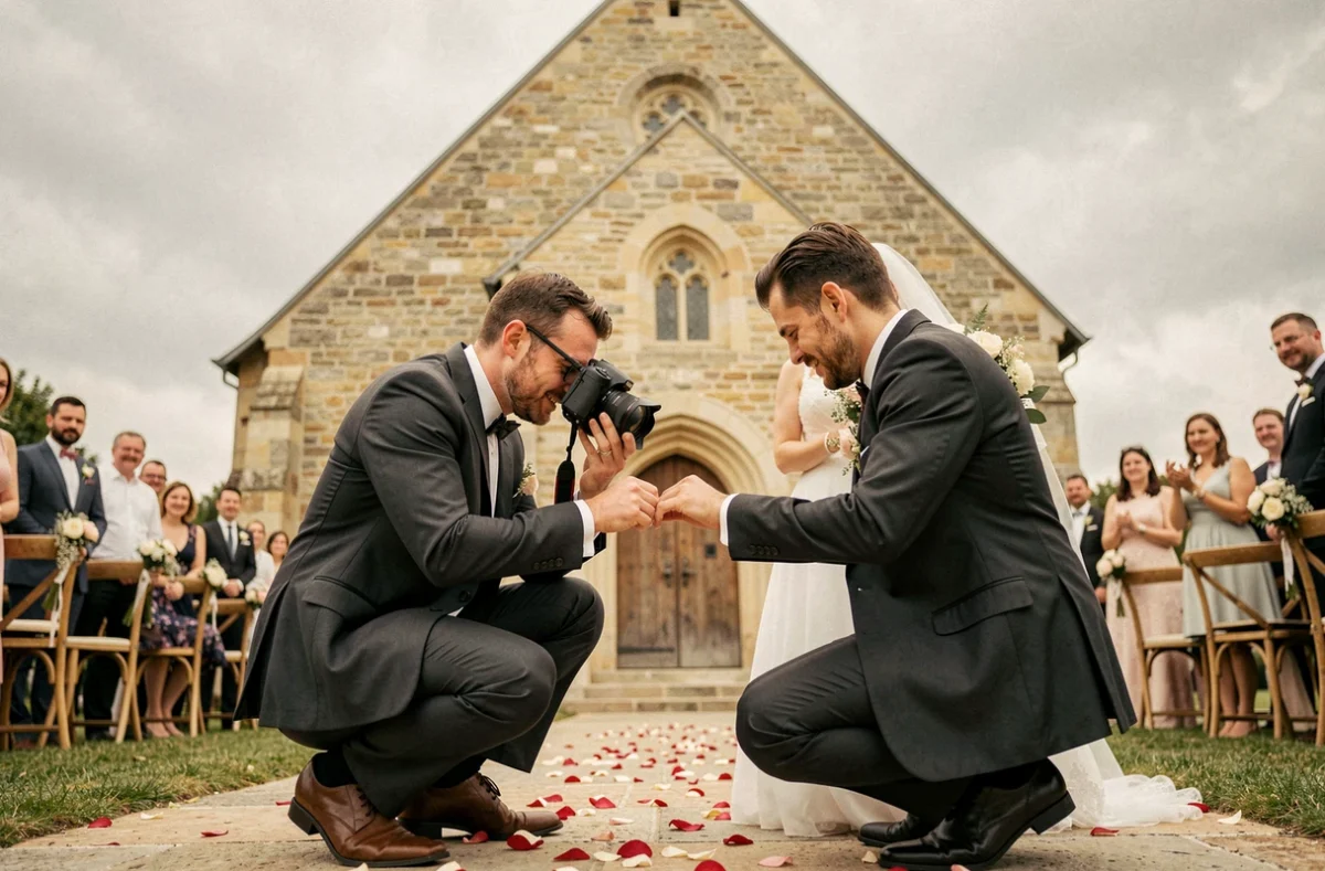 Thomas Vercoutre, photographe de mariage dans les Hauts-de-France, photographiant une cérémonie devant une chapelle en pierre