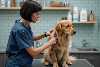 Femme groomer brossant un golden retriever dans un studio moderne