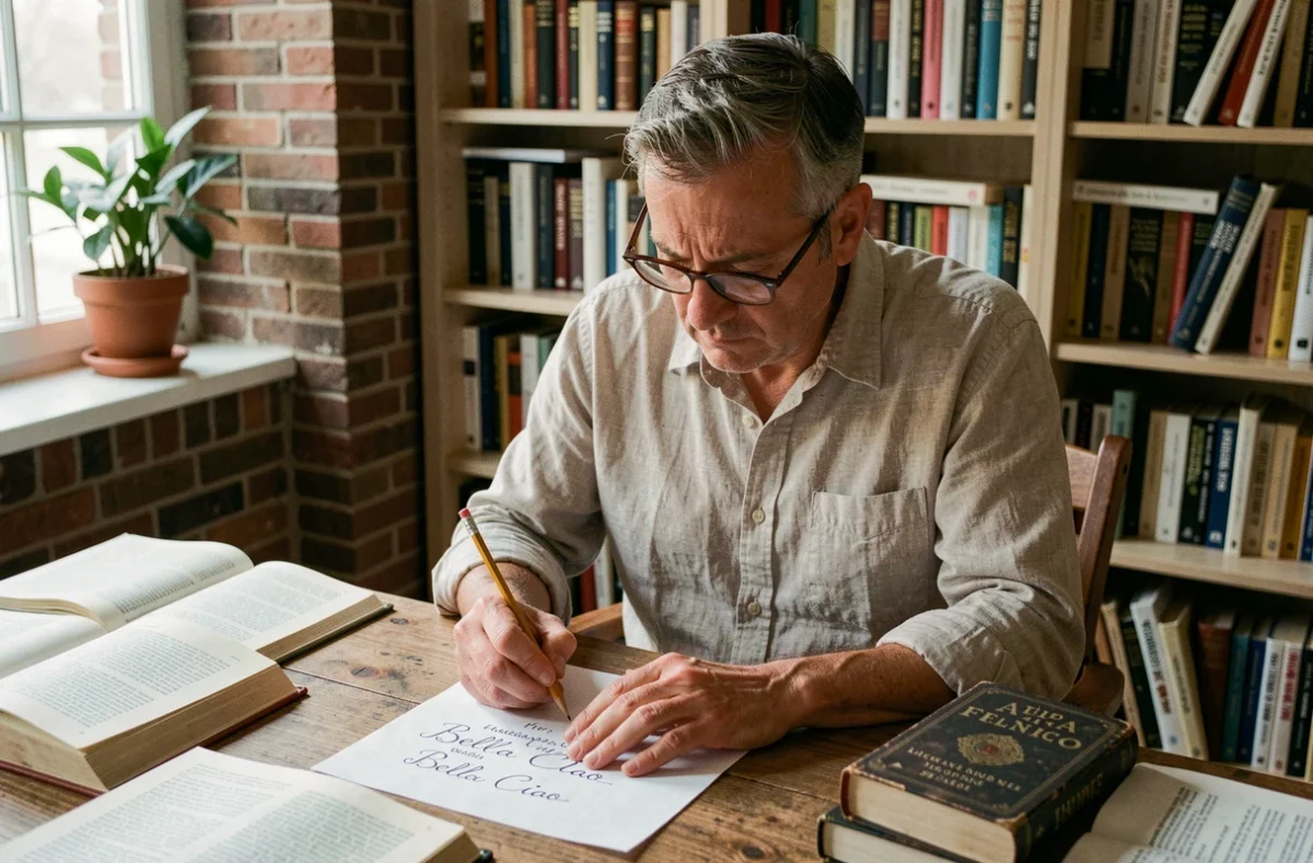 Homme traduisant les paroles de Bella Ciao entouré de dictionnaires et de feuilles annotées