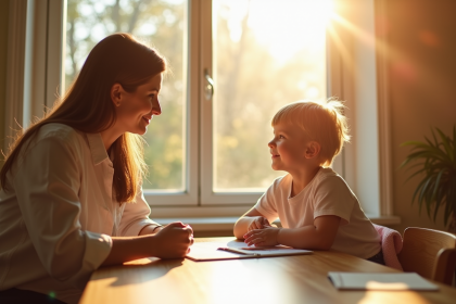 Travailleur social avec un enfant dans une ambiance lumineuse