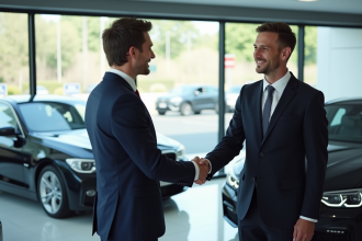 Vendeur BMW serrant la main d'un client dans un concessionnaire