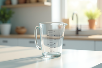 Verre mesure 100 cl sur plan de travail blanc
