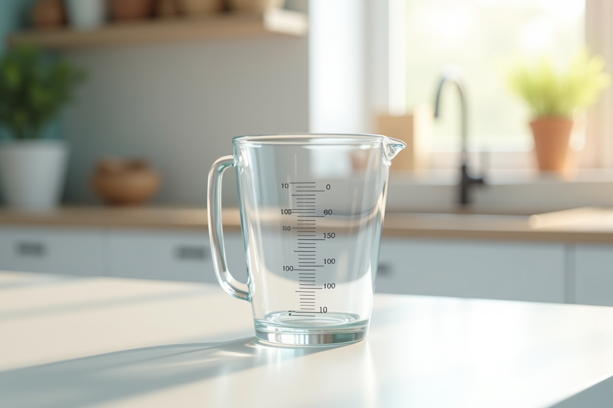 Verre mesure 100 cl sur plan de travail blanc