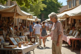 Femme parcourant les étals d'un vide-grenier en plein air dans un village du Lot ce week-end