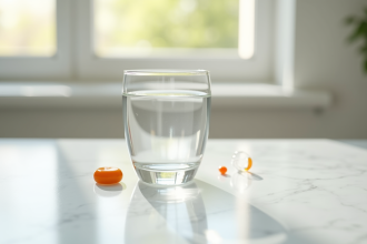 Capsule liposomale de vitamine C à côté d'eau sur une table lumineuse