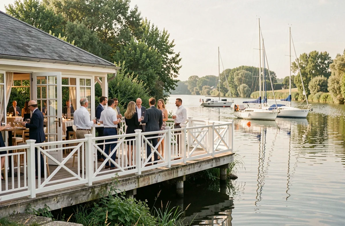 Terrasse du Yacht Club du Coudray-Montceaux donnant sur la rivière avec des voiliers amarrés
